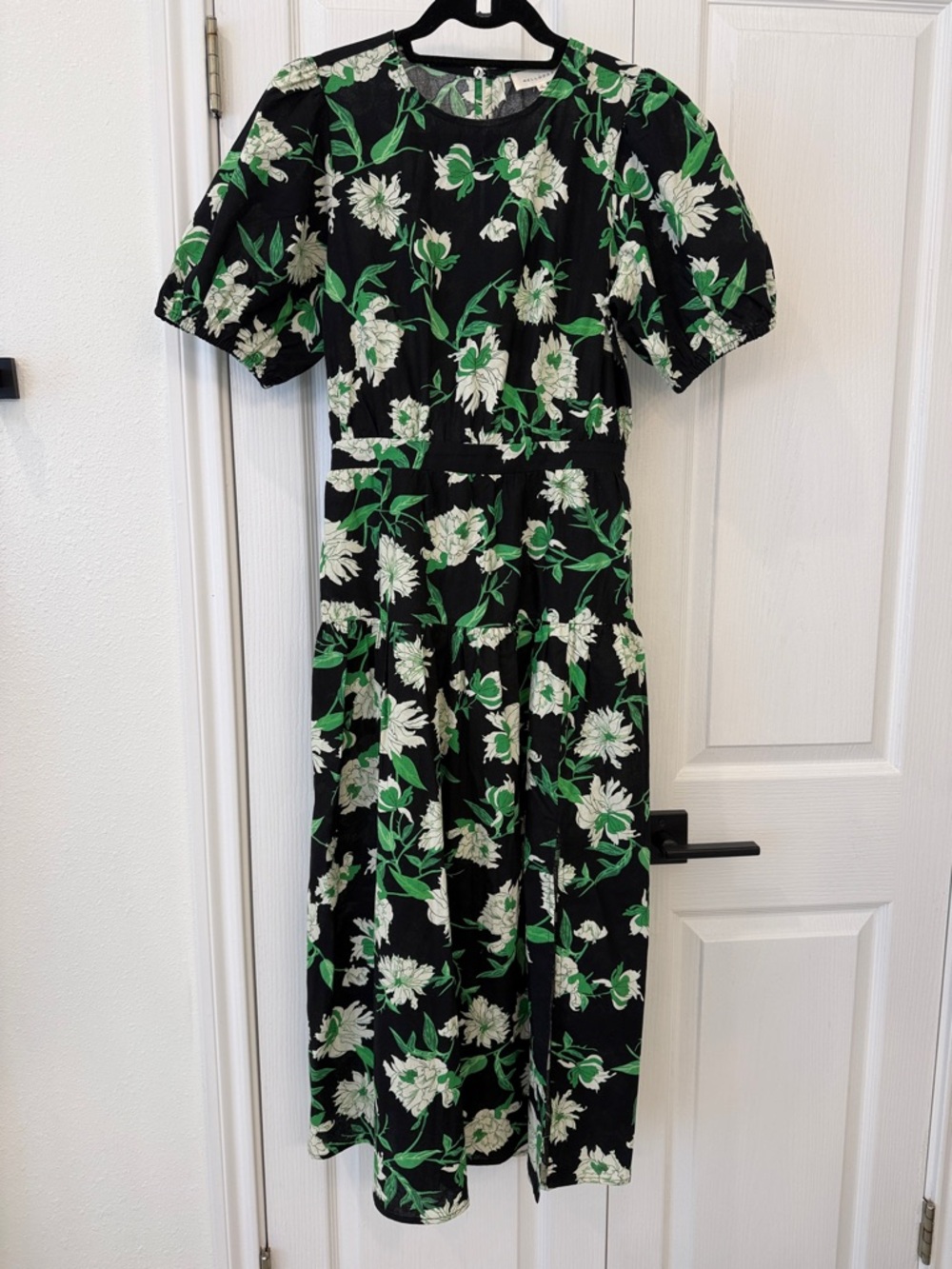 Melloday Black & Green Floral Midi Dress Puff Sleeve Cutout Back Size S